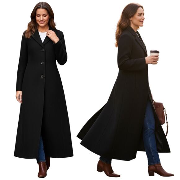 Anne Klein 100% Wool Button Front Long Coat Floor Length Black Size 6P - Picture 1 of 14
